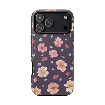Coque Téléphone Samsung, iPhone & Google Pixel Renforcée Mate – Design Floral Fleurs de Cerisier sur Fond Couleur Prune | Protection Antichoc | Idée Cadeau Femme
