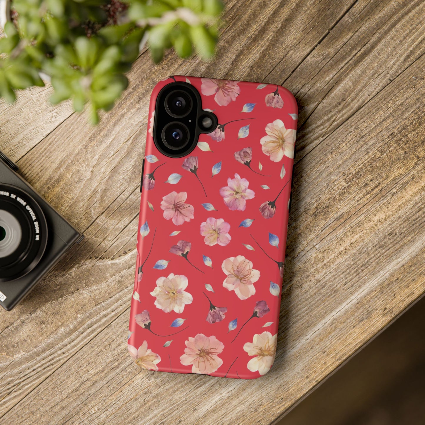 Coque Téléphone Samsung, iPhone & Google Pixel Renforcée Mate – Design Floral Fleurs de Cerisier sur Fond Rouge Féminin | Protection Antichoc | Idée Cadeau Femme