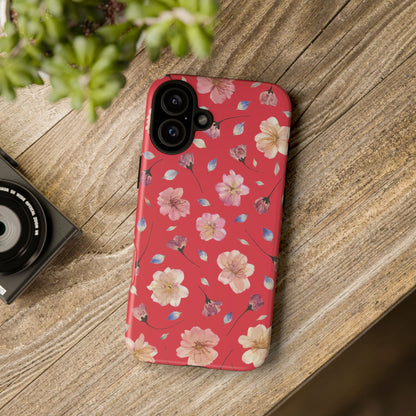 Coque Téléphone Samsung, iPhone & Google Pixel Renforcée Mate – Design Floral Fleurs de Cerisier sur Fond Rouge Féminin | Protection Antichoc | Idée Cadeau Femme