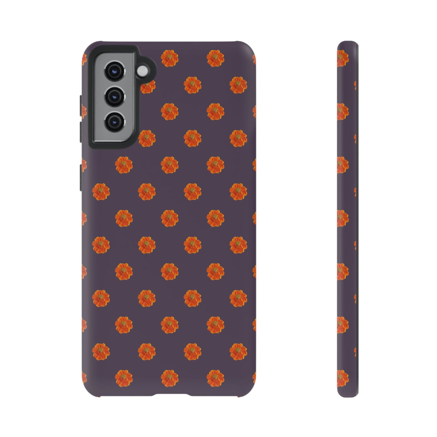 Coque Téléphone Samsung, iPhone & Google Pixel Renforcée Mate – Design Floral Epuré Fleurs de Cosmos Orange sur Fond Couleur Prune | Protection Antichoc | Idée Cadeau Femme