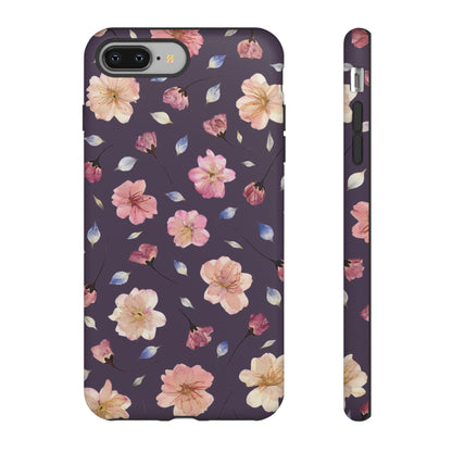 Coque Téléphone Samsung, iPhone & Google Pixel Renforcée Mate – Design Floral Fleurs de Cerisier sur Fond Couleur Prune | Protection Antichoc | Idée Cadeau Femme