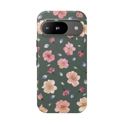 Coque Téléphone Samsung, iPhone & Google Pixel Renforcée Mate – Design Floral Fleurs de Cerisier sur Fond Verte Minéral | Protection Antichoc | Idée Cadeau Femme