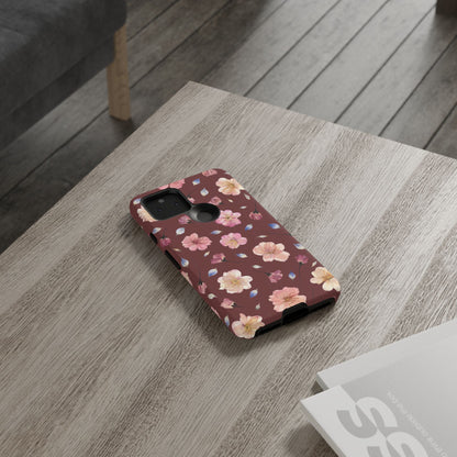 Coque Téléphone Samsung, iPhone & Google Pixel Renforcée Mate – Design Floral Fleurs de Cerisier sur Fond Bordeaux | Protection Antichoc | Idée Cadeau Pour Elle