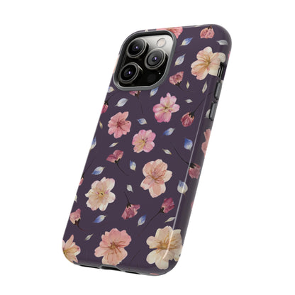 Coque Téléphone Samsung, iPhone & Google Pixel Renforcée Mate – Design Floral Fleurs de Cerisier sur Fond Couleur Prune | Protection Antichoc | Idée Cadeau Femme