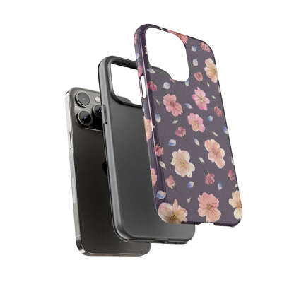Coque Téléphone Samsung, iPhone & Google Pixel Renforcée Mate – Design Floral Fleurs de Cerisier sur Fond Couleur Prune | Protection Antichoc | Idée Cadeau Femme