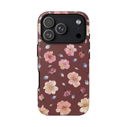 Coque Téléphone Samsung, iPhone & Google Pixel Renforcée Mate – Design Floral Fleurs de Cerisier sur Fond Bordeaux | Protection Antichoc | Idée Cadeau Pour Elle
