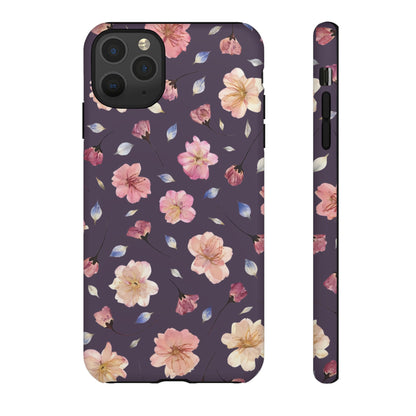 Coque Téléphone Samsung, iPhone & Google Pixel Renforcée Mate – Design Floral Fleurs de Cerisier sur Fond Couleur Prune | Protection Antichoc | Idée Cadeau Femme