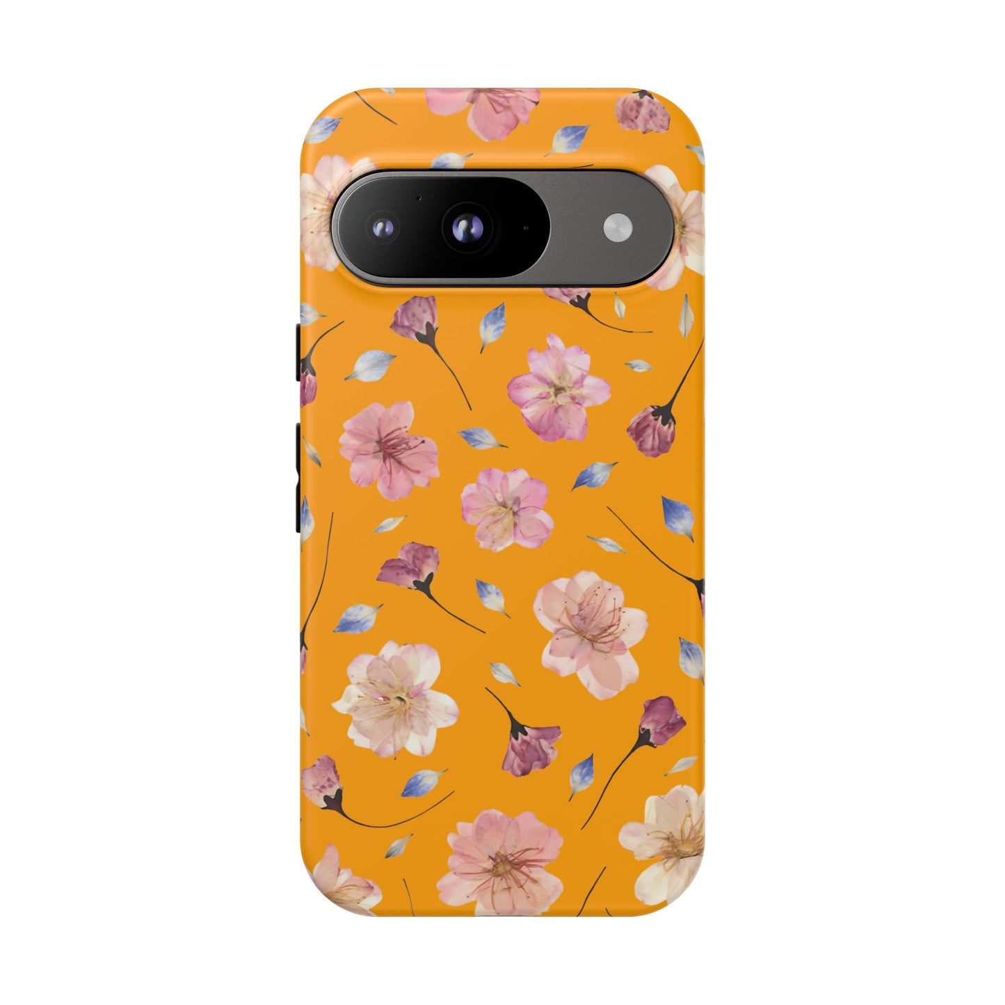 Coque Téléphone Samsung, iPhone & Google Pixel Renforcée Mate – Design Floral Fleurs de Cerisier sur Fond Couleur Curcuma| Protection Antichoc | Idée Cadeau Femme