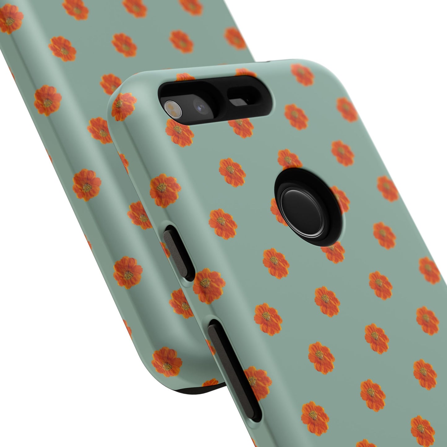 Coque Téléphone Samsung, iPhone & Google Pixel Renforcée Mate – Design Floral Epuré Fleurs de Cosmos Orange sur Fond Vert Eucalyptus | Protection Antichoc | Idée Cadeau Femme