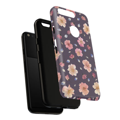 Coque Téléphone Samsung, iPhone & Google Pixel Renforcée Mate – Design Floral Fleurs de Cerisier sur Fond Couleur Prune | Protection Antichoc | Idée Cadeau Femme