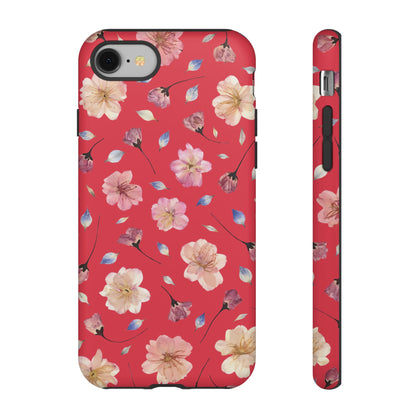 Coque Téléphone Samsung, iPhone & Google Pixel Renforcée Mate – Design Floral Fleurs de Cerisier sur Fond Rouge Féminin | Protection Antichoc | Idée Cadeau Femme