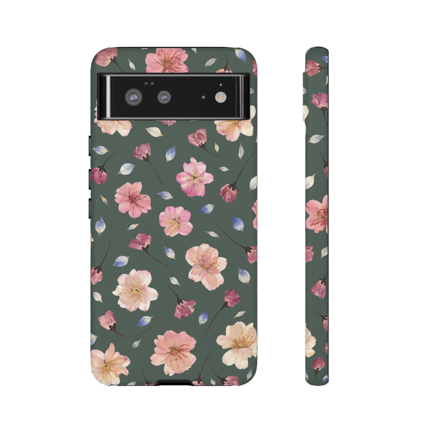 Coque Téléphone Samsung, iPhone & Google Pixel Renforcée Mate – Design Floral Fleurs de Cerisier sur Fond Verte Minéral | Protection Antichoc | Idée Cadeau Femme