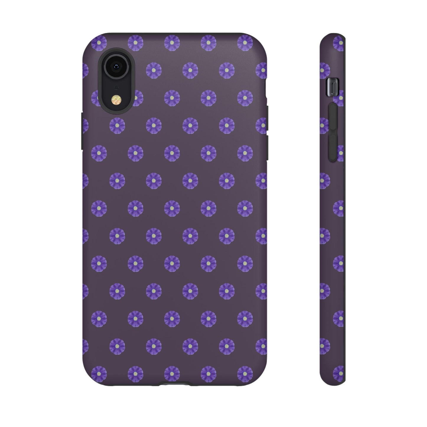 Coque Téléphone Samsung, iPhone & Google Pixel Renforcée Mate – Design Floral Epuré Fleurs de Primevère sur Fond Couleur Prune| Protection Antichoc | Idée Cadeau Femme