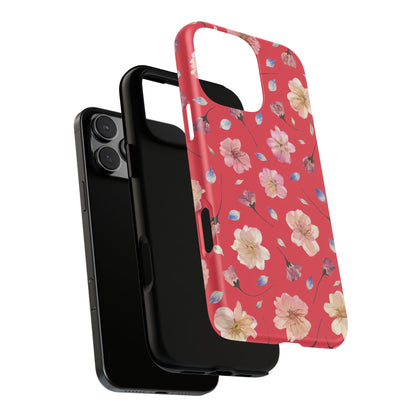 Coque Téléphone Samsung, iPhone & Google Pixel Renforcée Mate – Design Floral Fleurs de Cerisier sur Fond Rouge Féminin | Protection Antichoc | Idée Cadeau Femme