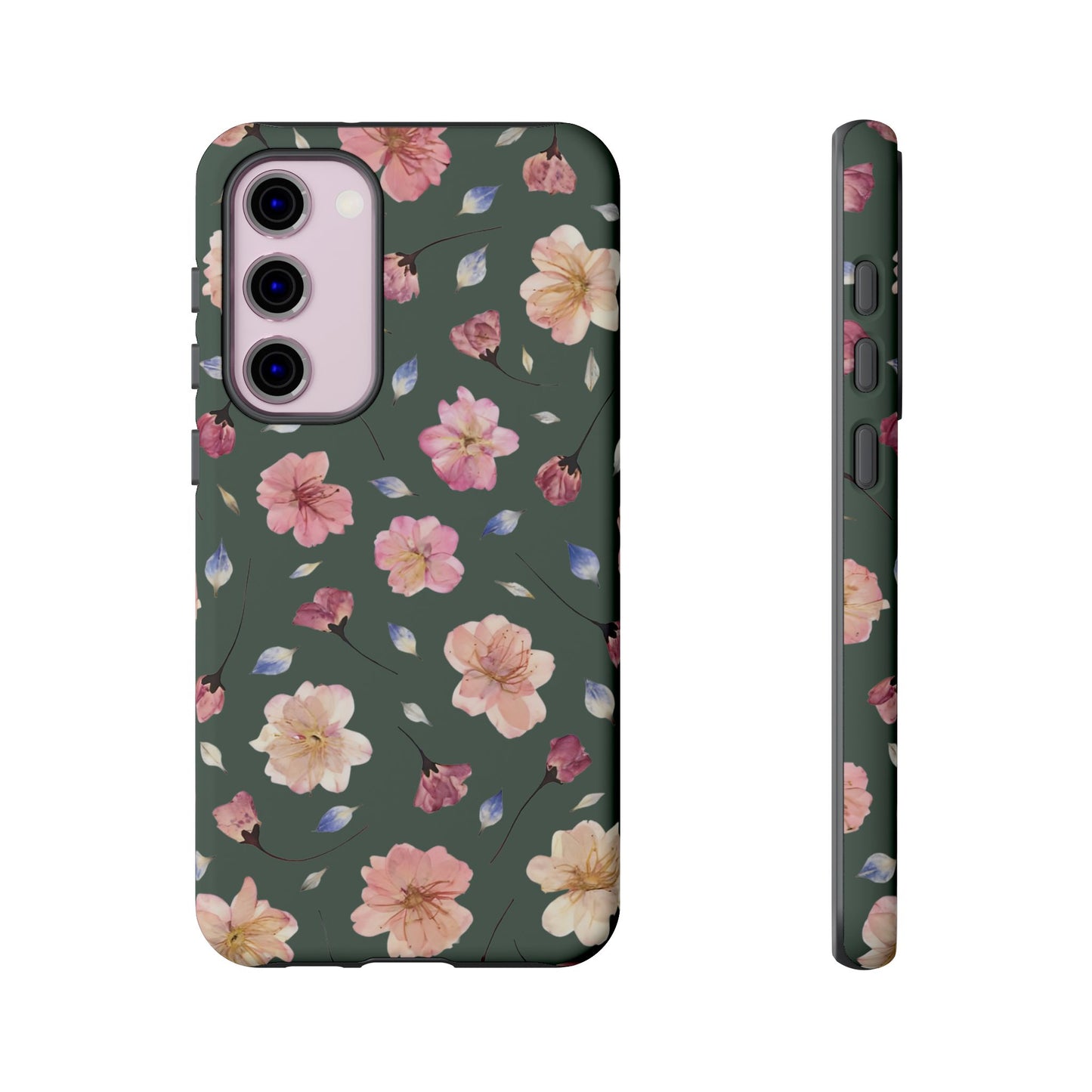 Coque Téléphone Samsung, iPhone & Google Pixel Renforcée Mate – Design Floral Fleurs de Cerisier sur Fond Verte Minéral | Protection Antichoc | Idée Cadeau Femme