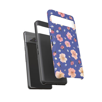 Coque Téléphone Samsung, iPhone & Google Pixel Renforcée Mate – Design Floral Fleurs de Cerisier sur Fond Bleu Encre | Protection Antichoc | Idée Cadeau Pour Elle