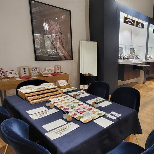 Atelier privé de création d’un herbier sous forme de carte de vœux, organisé pour les clients du centre commercial Les Galeries Lafayette à Luxembourg.
