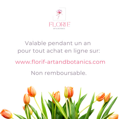 Carte Cadeau - de 25 euros à 500 euros. Valable sur tout le shop en ligne ( art botanique mural, impressions fine art, digigraphie certifié, herbiers fleurs pressées, herbiers d'art, herbiers fleurs séchées, ateliers fleurs séchées, self-love journal, mugs porcelaine et céramique, coques de protection pour téléphone IPhone, Samsung, Google Pixels). 
