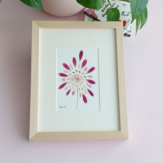 Partie de la collection Les Expressifs, cet herbier d'art encadré a été réalisé avec une marguerite anglaise à tige, sublimée par de magnifiques pétales de dahlia rose, de gerbera et d'Astrantia de provenance locale. 