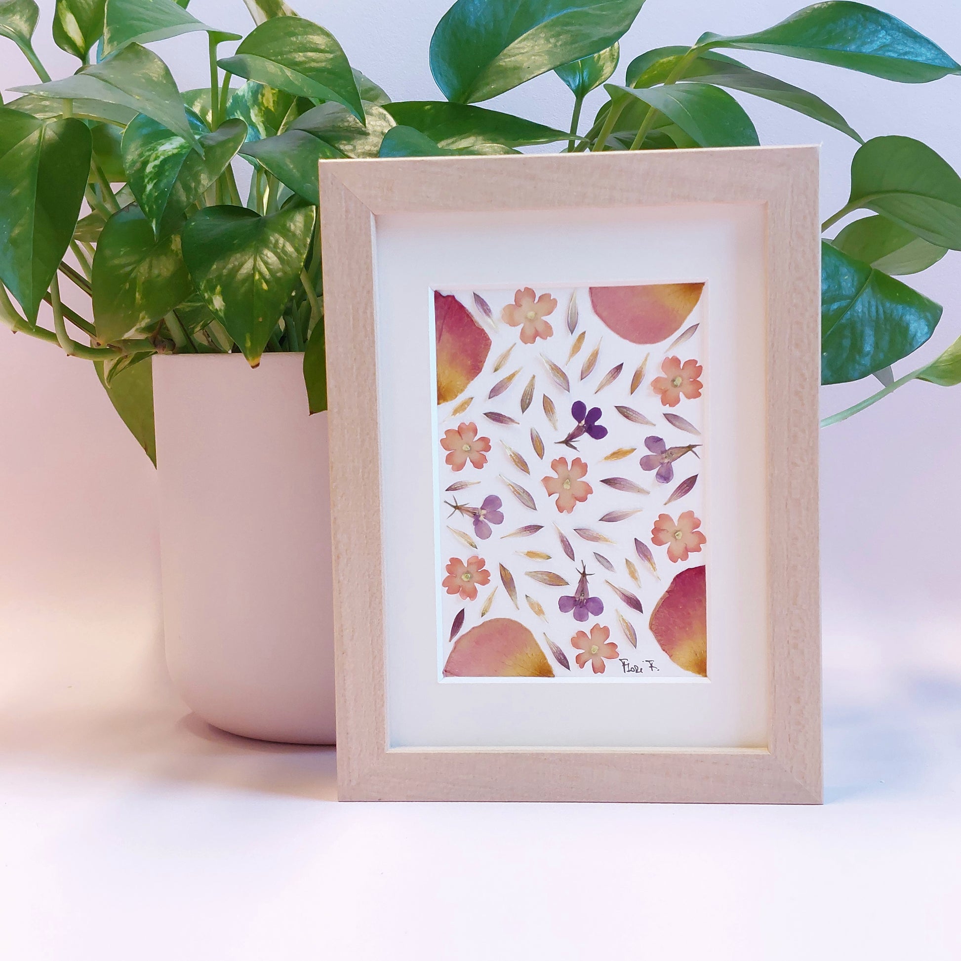 Herbier d'art encadré de la collection Les Généreux, composé de fleurs de verveine, lobelia violet et pétales d'astrantia dorées. Les végétaux sont pressés et séchés naturellement pour préserver leur délicatesse. Présenté dans un cadre en bois de tilleul éco-responsable. Pour une conservation optimale, évitez l'exposition directe au soleil ou à l'humidité. Usage exclusivement visuel, reproduction interdite.
