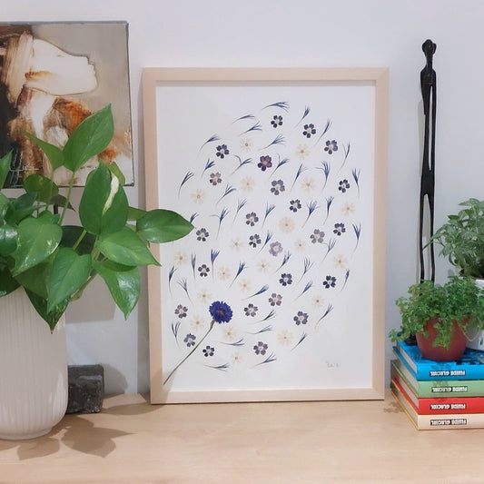 Herbier d'art encadré de la collection Les Expressifs, composé de fleurs de verveine, phlox blanc et pétales  de bleuets sauvages. Les végétaux sont pressés et séchés naturellement pour préserver leur délicatesse. Présenté dans un cadre en bois de tilleul éco-responsable. Pour une conservation optimale, évitez l'exposition directe au soleil ou à l'humidité. Usage exclusivement visuel, reproduction interdite.